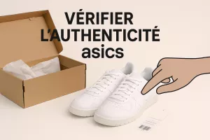 Vérification de l'authenticité Asics boîte chaussures main inspecte couture