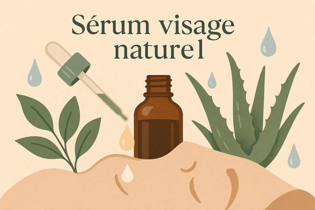 Illustration d’un sérum pour visage naturel avec flacon en verre ambré et feuilles d’aloe vera