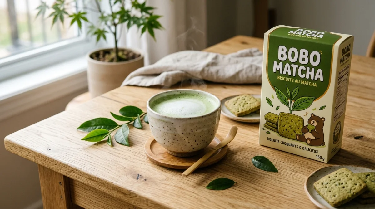 Tasse de matcha fumante et biscuits Bobo Matcha sur table en bois, avis gourmand.