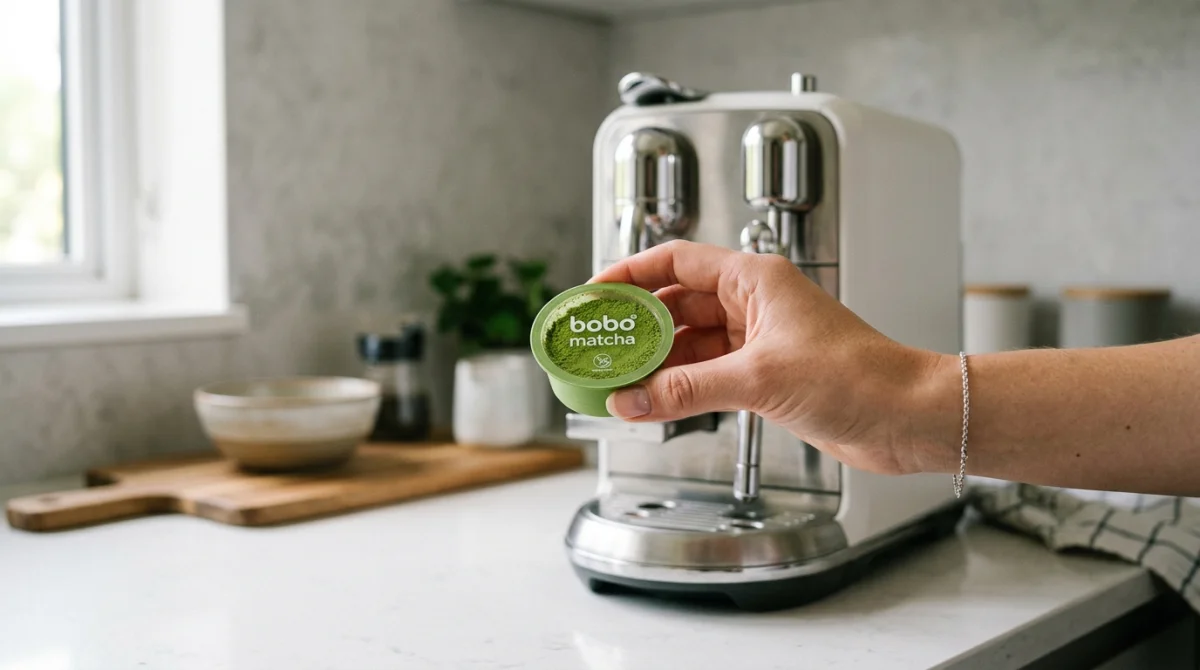 Main tenant une dosette bobo matcha vert vif, prête pour une préparation facile.