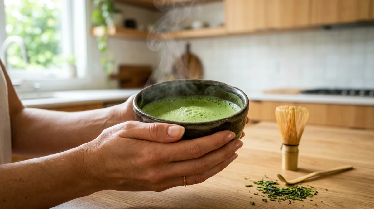 Main tenant une tasse de matcha fumant dans une cuisine moderne, avis bobo matcha.