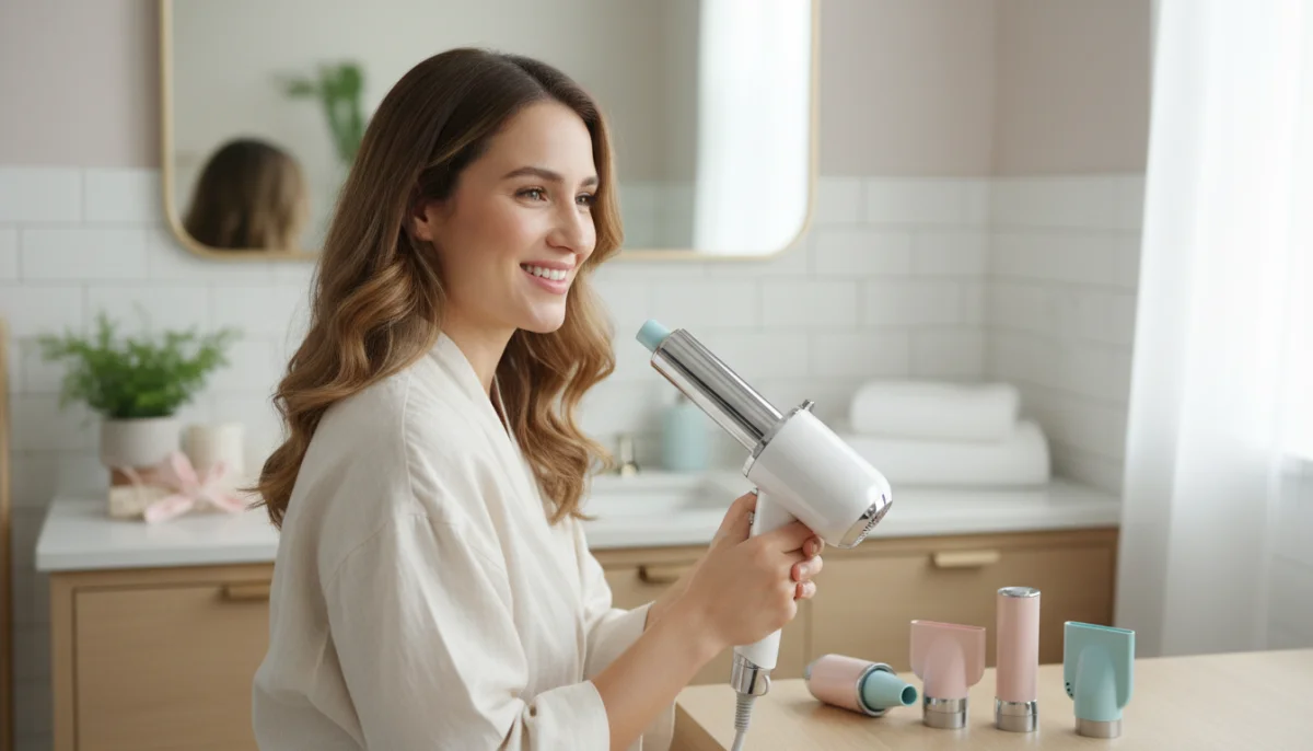 Femme souriante utilisant l'AirStyler Celesta pour des cheveux brillants et ondulés.