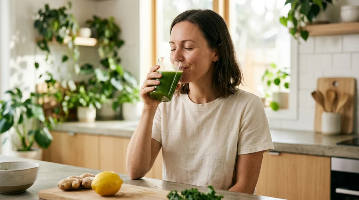 Femme savourant un jus vert détoxifiant dans une cuisine moderne et lumineuse, symbole de bien-être et de santé.