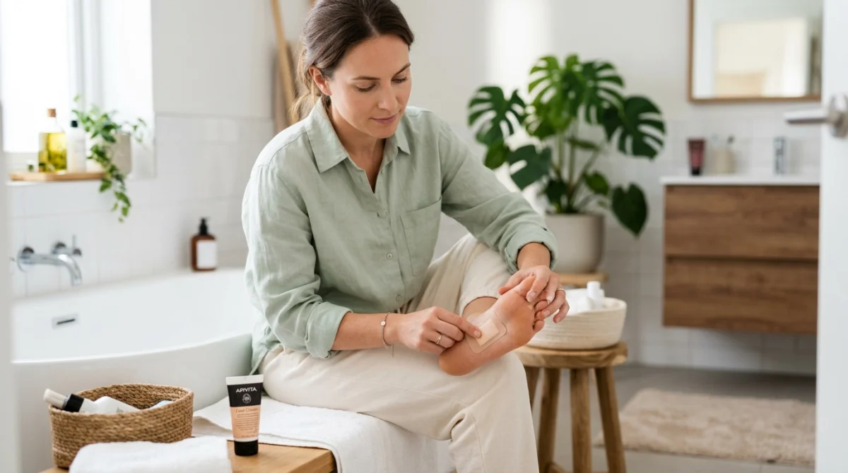 Application d'un patch Ecolife sur le pied pour un soin bien-être naturel.