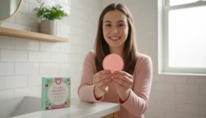 Femdisc : femme souriante avec disque menstruel et probiotiques, bien-être et confort