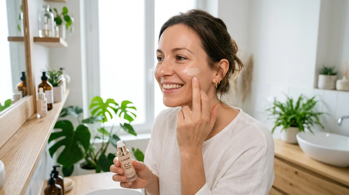 Femme souriante appliquant la CC crème Ulyxa pour un teint lumineux et naturel.