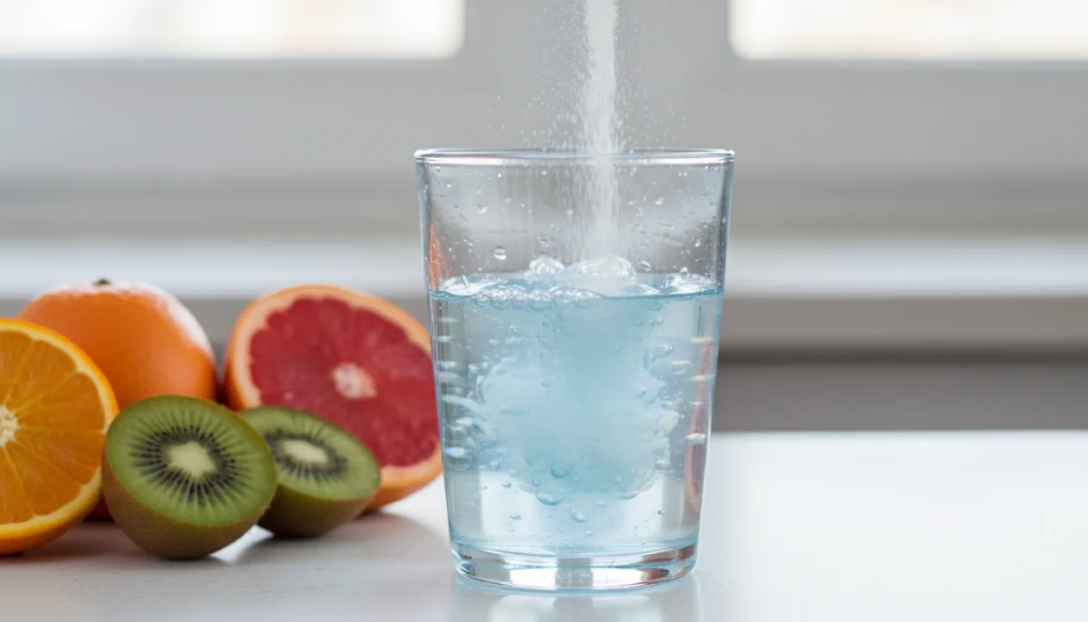 Poudre multivitaminée Haura se dissolvant dans un verre d'eau, fruits frais à proximité, avis vitalité