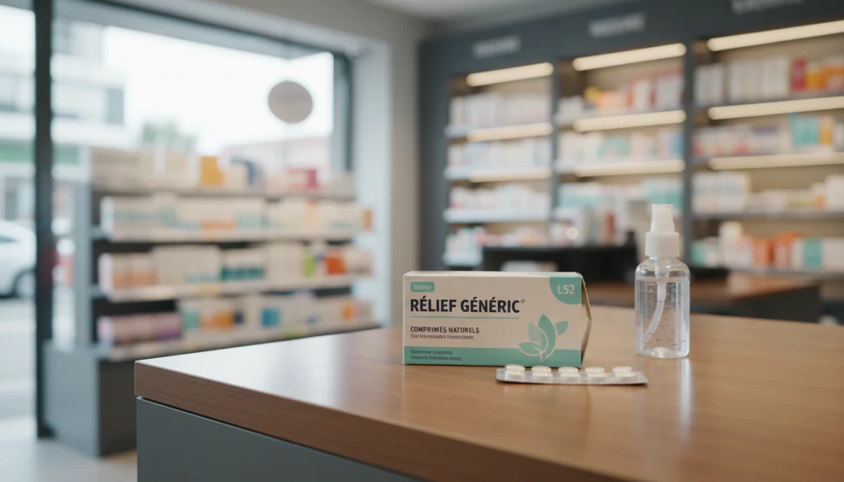 Boîte de médicament L52 générique retirée du marché sur un comptoir de pharmacie.