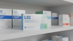 Boîte de médicament L52 sur une étagère de pharmacie, expliquant son retrait du marché.