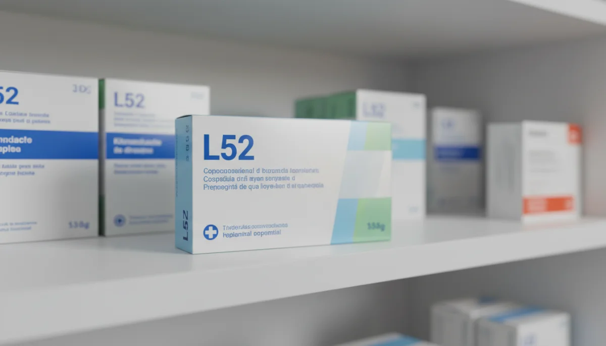 Boîte de médicament L52 sur une étagère de pharmacie, expliquant son retrait du marché.