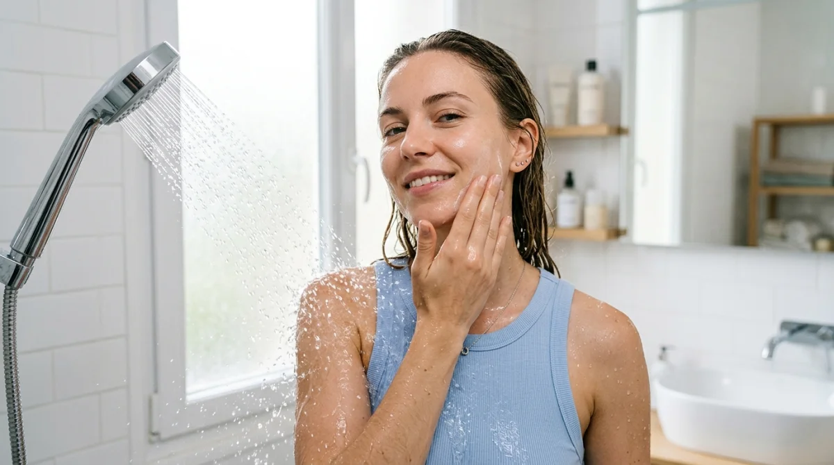 Femme appliquant Ulyxa, éclaboussée d'eau, peau hydratée et protégée en salle de bain.