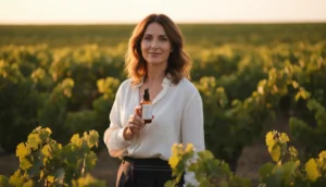 Femme souriante tenant un soin dans un vignoble au coucher du soleil, avis Dix Hectares.