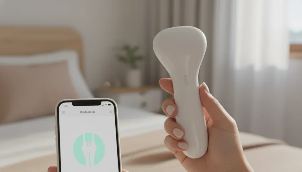 Sonde périnéale connectée Emy Fizimed tenue par une main, application mobile visible