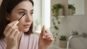 Femme appliquant le sérum Glash Paris sur ses cils dans une salle de bain moderne.