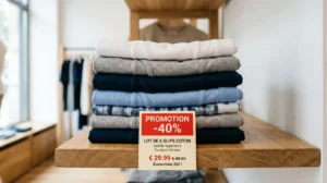 Pile de sous-vêtements Athena en coton bien pliés avec étiquette de réduction pour un avis shop fiable.