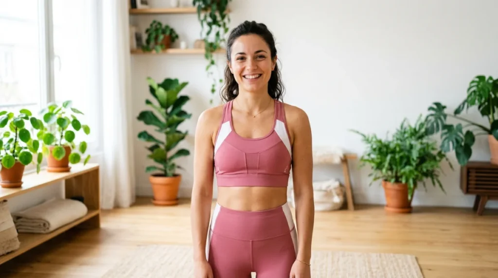 Jeune femme souriante portant la brassière de sport Curvélla dans un studio de yoga lumineux, avis Bodycious.