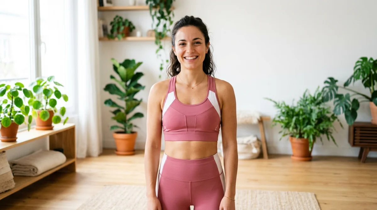 Jeune femme souriante portant la brassière de sport Curvélla dans un studio de yoga lumineux, avis Bodycious.