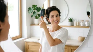 Femme élégante utilisant une brosse Cocoony dans une salle de bain moderne, illustration pour notre avis Cocoony.