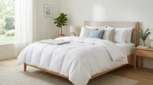 Couette Zelesta moelleuse et élégante sur un lit moderne, illustrant le confort pour notre avis Zelesta France.