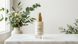 Flacon élégant du sérum Meyora Concentré Jeunesse sur fond minimaliste pour notre avis sur la crème visage.