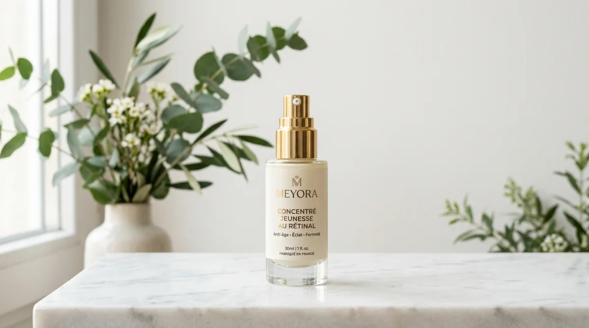 Flacon élégant du sérum Meyora Concentré Jeunesse sur fond minimaliste pour notre avis sur la crème visage.