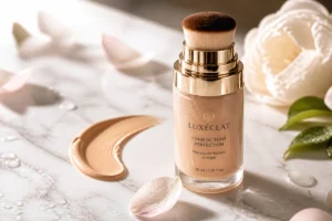 Flacon de fond de teint Claréa Paris élégant sur marbre blanc avec texture crémeuse pour notre avis cosmétique.