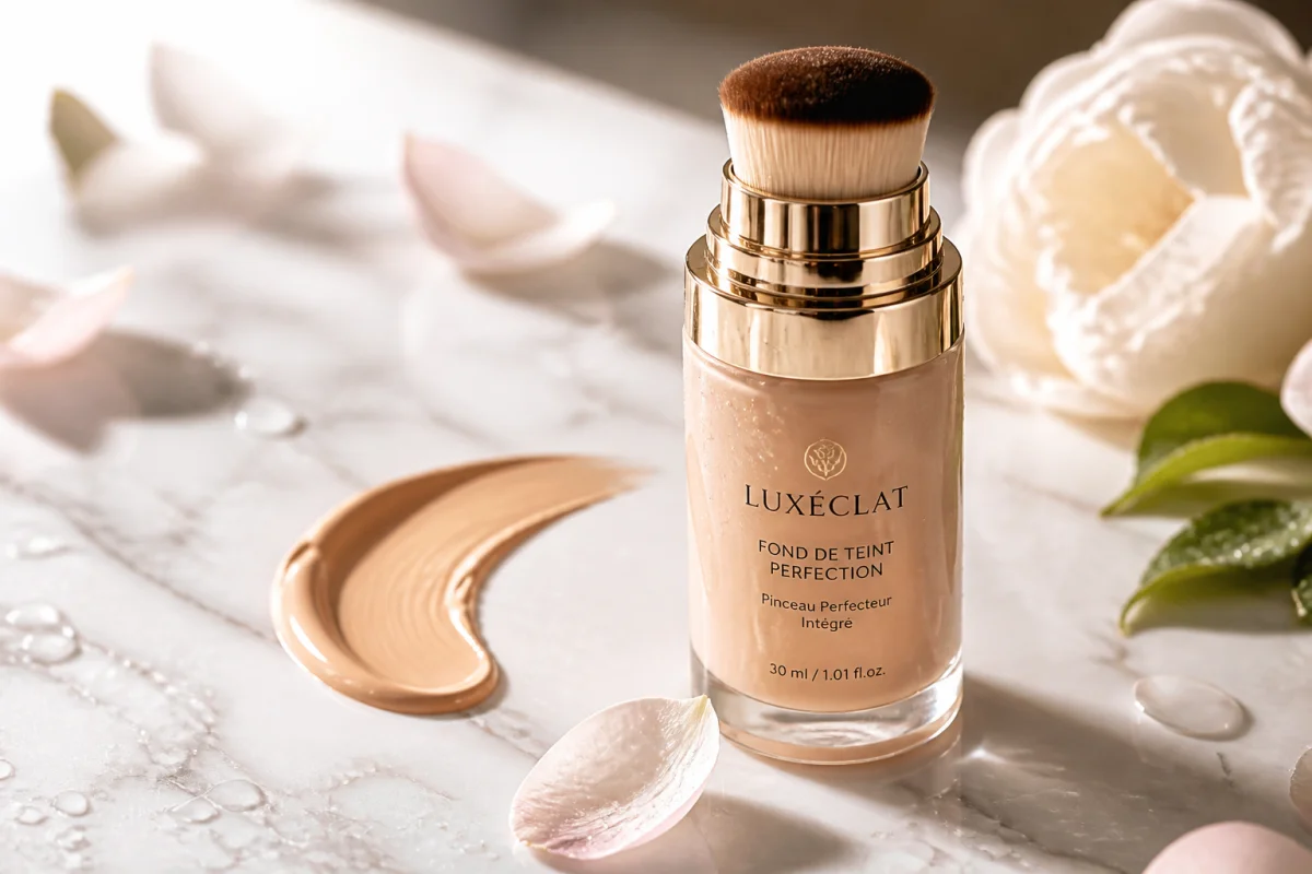Flacon de fond de teint Claréa Paris élégant sur marbre blanc avec texture crémeuse pour notre avis cosmétique.