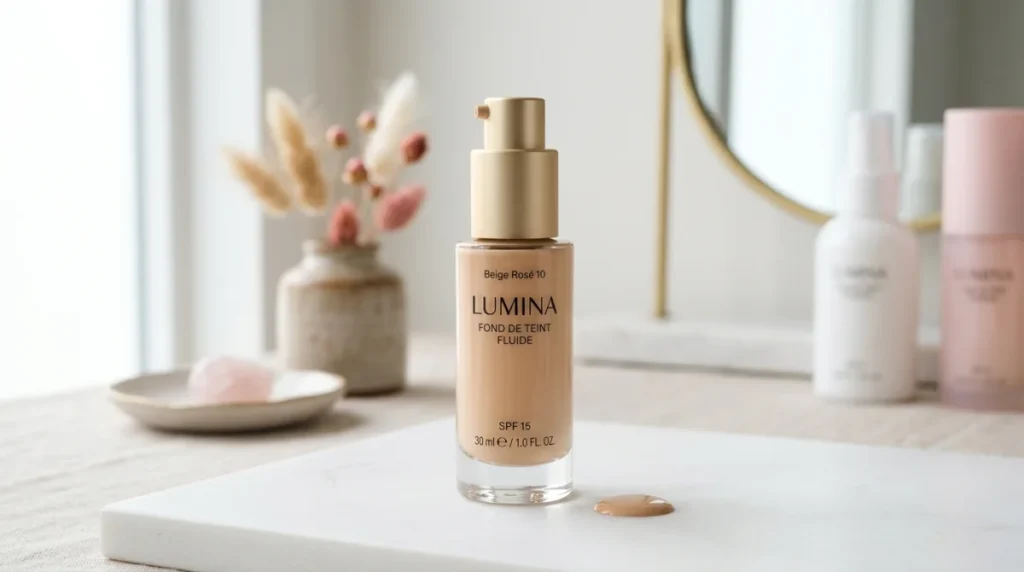 Flacon de fond de teint fluide Eclera sur une coiffeuse minimaliste pour notre avis détaillé sur ce produit.