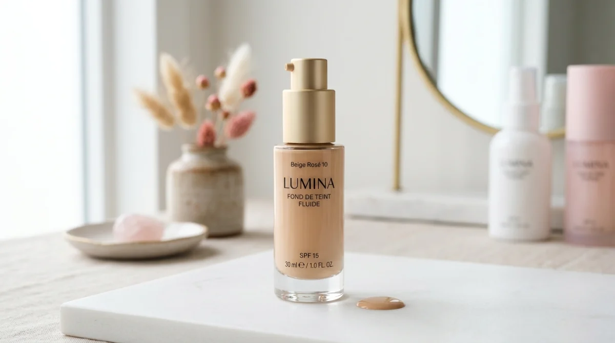Flacon de fond de teint fluide Eclera sur une coiffeuse minimaliste pour notre avis détaillé sur ce produit.