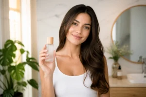 Femme rayonnante tenant un produit Lyra Cosmetics dans une salle de bain lumineuse pour notre avis beauté.
