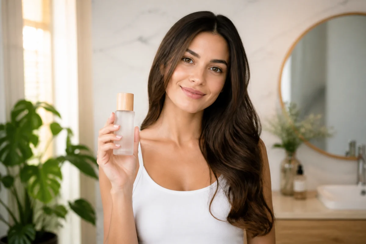 Femme rayonnante tenant un produit Lyra Cosmetics dans une salle de bain lumineuse pour notre avis beauté.