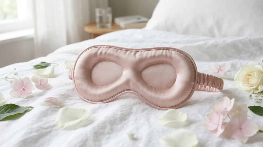 Masque de nuit en soie Elen Loré ergonomique posé sur des draps en lin pour un sommeil réparateur.