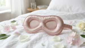 Masque de nuit en soie Elen Loré ergonomique posé sur des draps en lin pour un sommeil réparateur.