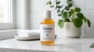 Flacon de gel douche Nowa No Water minimaliste dans une salle de bain moderne, idéal pour un avis produit.