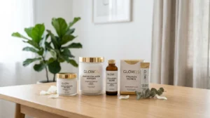 Pots de collagène Glow25 disposés sur une table en bois clair dans un décor minimaliste et lumineux.