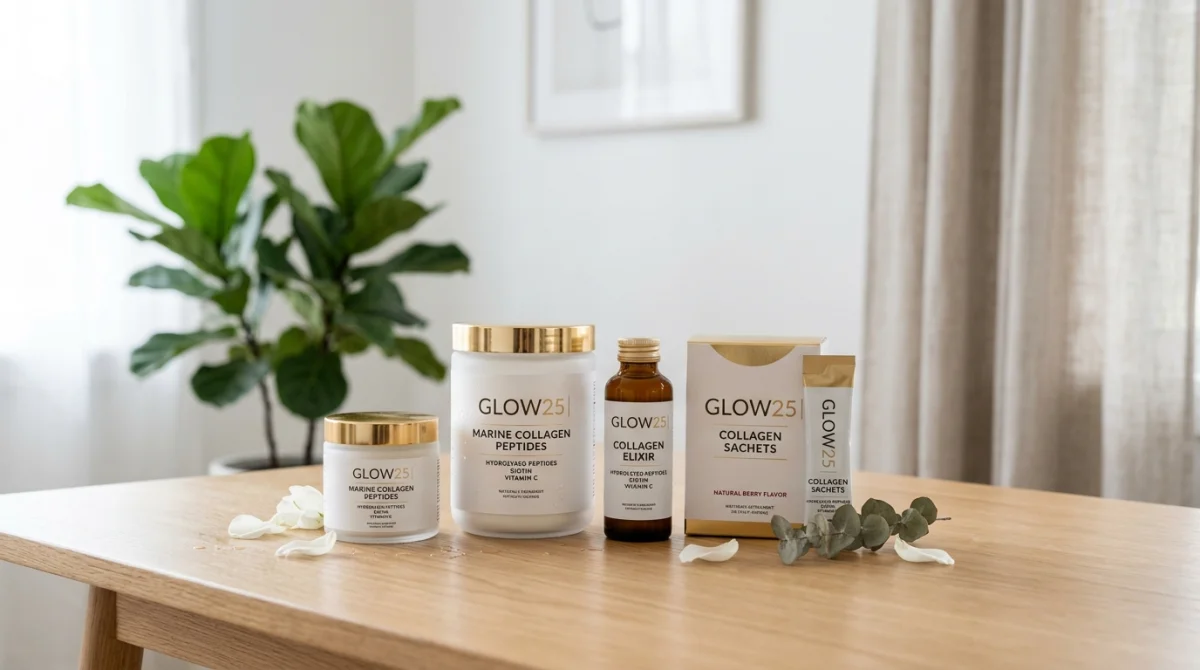 Pots de collagène Glow25 disposés sur une table en bois clair dans un décor minimaliste et lumineux.