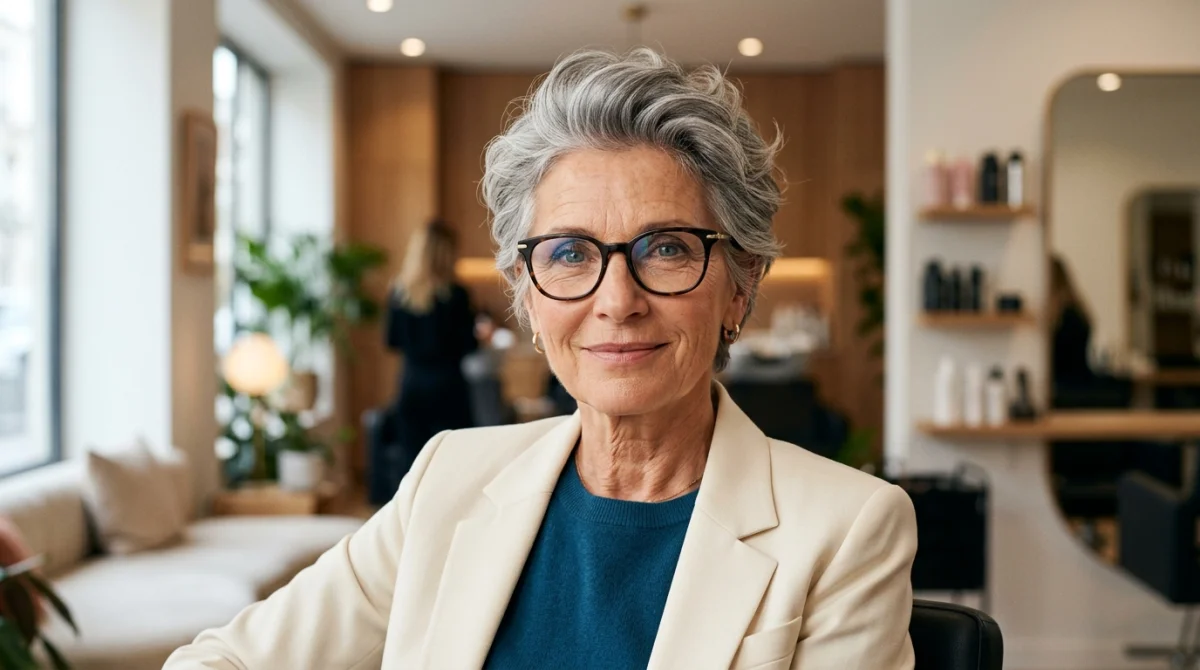 Femme élégante de 60 ans avec une coupe pixie texturée et des lunettes modernes dans un intérieur lumineux.