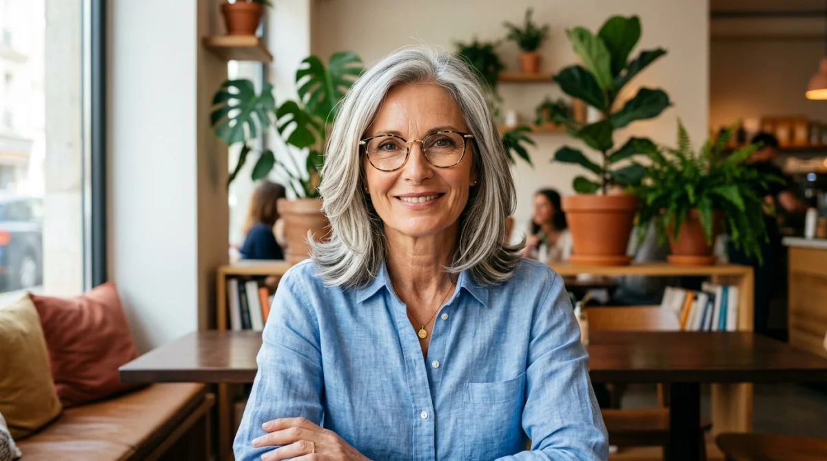 Femme élégante de 60 ans avec une coupe lob dégradée et des lunettes stylisées dans un café moderne.