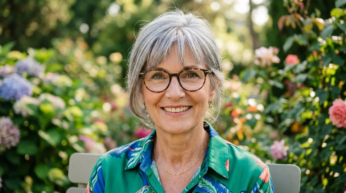 Femme élégante de 60 ans avec lunettes et coupe à frange effilée dans un jardin botanique lumineux.
