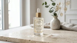 Flacon de sérum Éclat Collagène élégant posé sur une pierre naturelle dans un cadre minimaliste et luxueux.