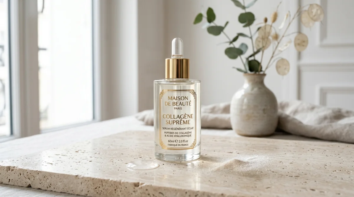 Flacon de sérum Éclat Collagène élégant posé sur une pierre naturelle dans un cadre minimaliste et luxueux.