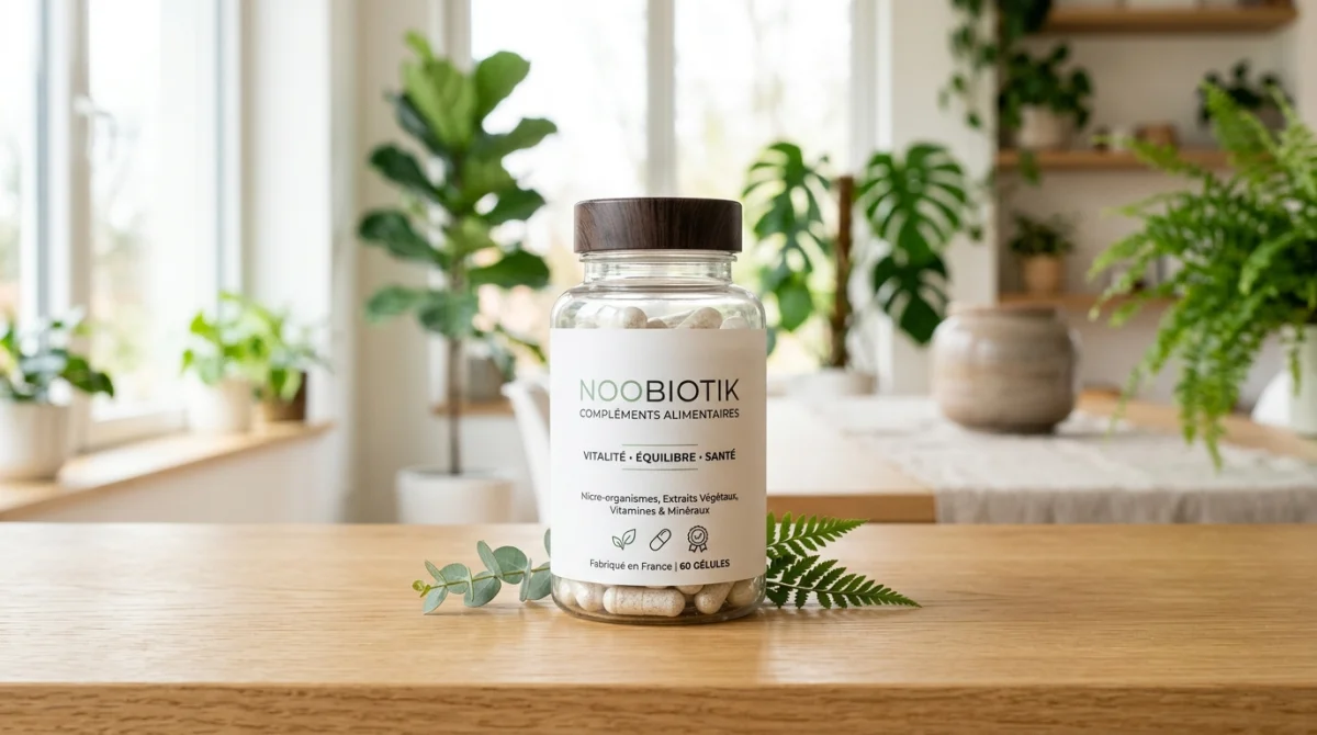 Flacon de compléments alimentaires Noobiotik posé sur bois clair pour illustrer notre avis sur la marque.