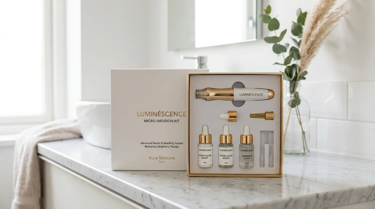 Kit de micro-infusion Glowwsip élégant posé dans une salle de bain lumineuse pour notre avis complet.