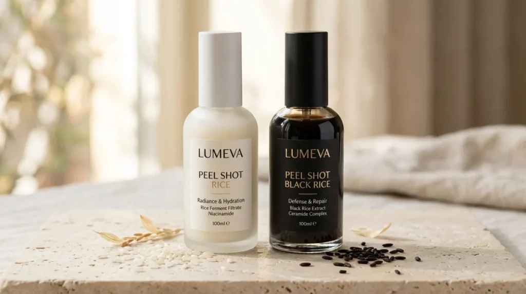 Deux flacons de Peel Shot Lumeva Rice et Black Rice sur un support minimaliste, illustration pour notre avis.
