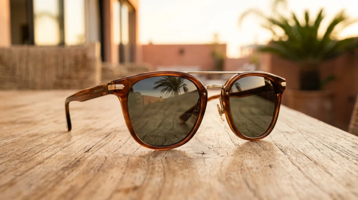 Lunettes de soleil modernes et élégantes sur fond en bois clair pour notre avis Aura Eyes.