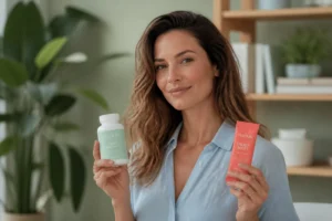 Femme élégante tenant des compléments alimentaires dans un intérieur moderne, illustrant notre avis sur Lashilé Beauty.