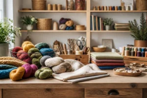 Atelier de couture organisé avec laines et tissus naturels pour illustrer les avis sur Les Ateliers Léonie.