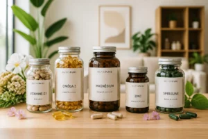 Assortiment élégant de compléments alimentaires Miniweight sur une table en bois pour illustrer notre avis Miniweight complet.