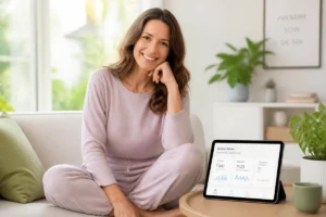 Femme épanouie utilisant l'application Perifit Care pour son bien-être dans un salon lumineux et apaisant.