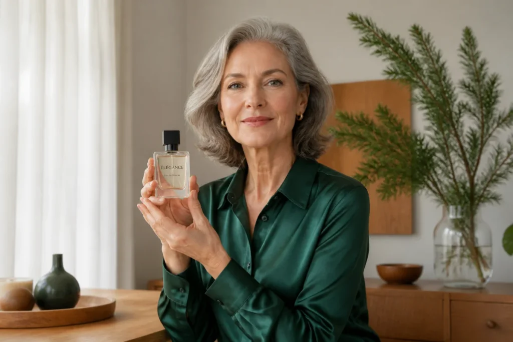 Femme élégante de 50 ans en chemisier vert tenant un flacon de parfum dans un intérieur lumineux et moderne.